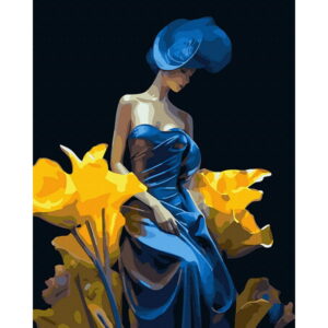 pictura pe numere femeie in rochie albastra