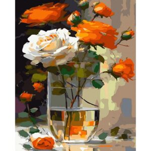 pictura pe numere trandafiri in vaza de sticla